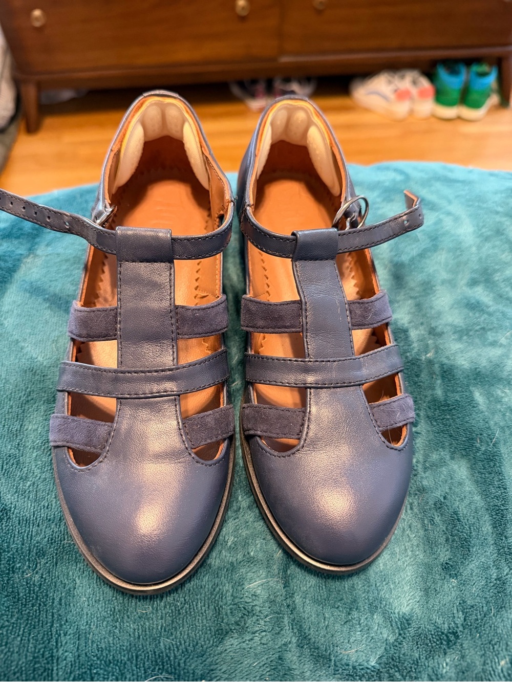 Julia Bo Handmade Navy T-Strap Leather Mary Jane Shoes
